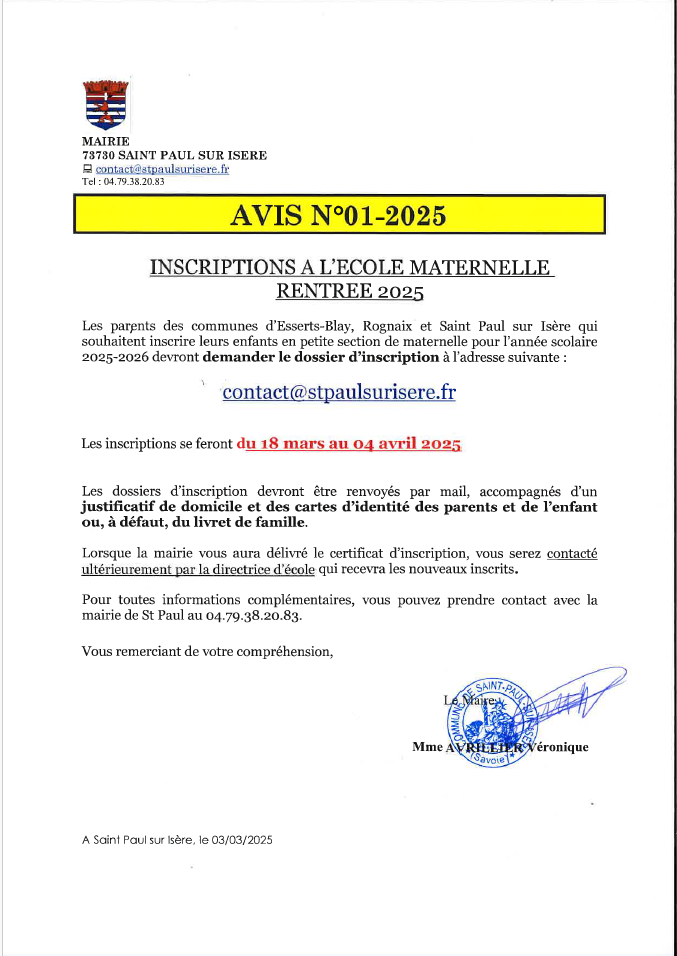 AVIS 01.2025 INSCRIPTION MATERNELLE